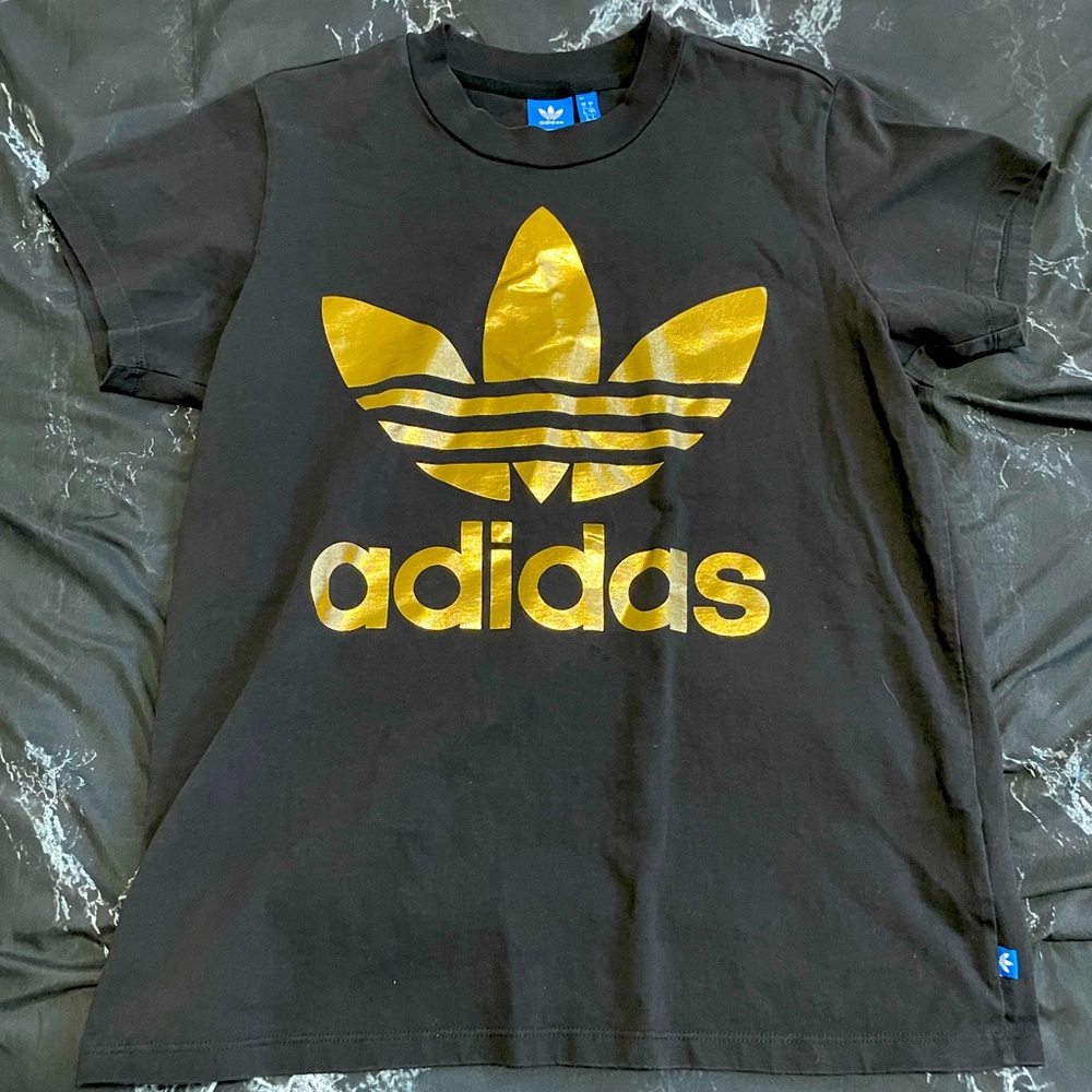 Adidas black and gold trefoil shirt